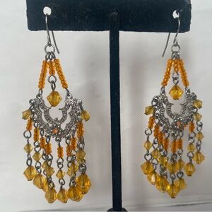 Orange beaded chandelier drop dangle earrings 3” silver frame